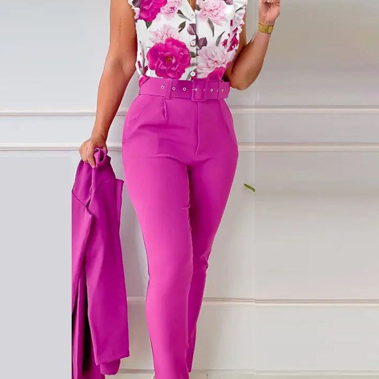Spring Summer Women's New Printed Lotus Leaf Sleeveless Shirt Suit Slim Femal Office Solid Color Long Pants Belt Two Piece Set Fuchsia