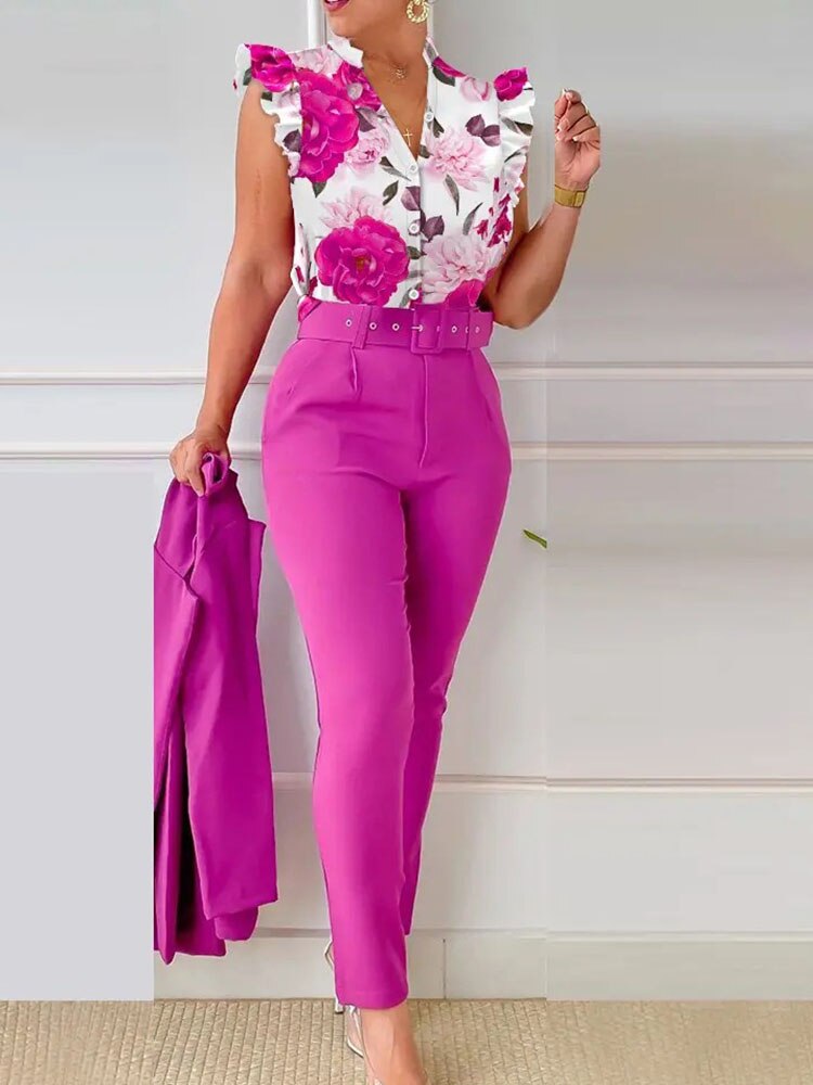 Spring Summer Women's New Printed Lotus Leaf Sleeveless Shirt Suit Slim Femal Office Solid Color Long Pants Belt Two Piece Set Fuchsia