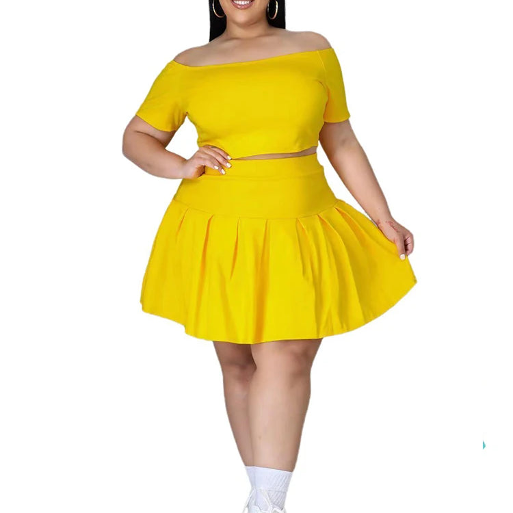 5xl Plus Size Women Clothing Wholesale Summer Outfits Crop Tops and Pleated Skirt Tracksuit Sweet Dress Suits Dropshipping Yellow