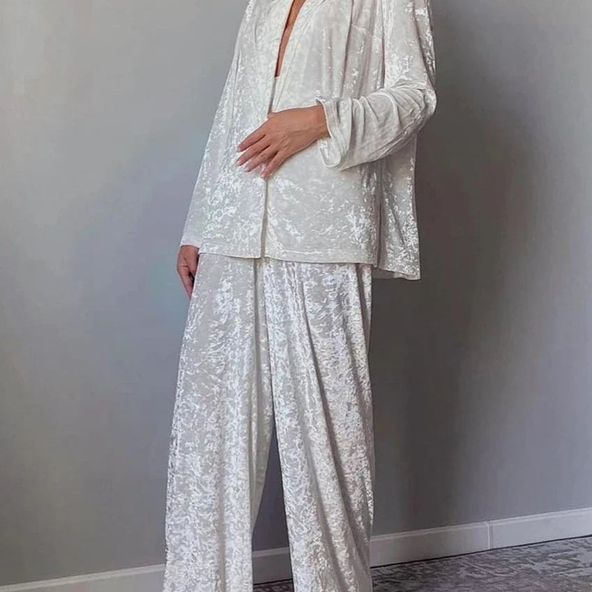 Clacive Winter Loose Home Suits Fashion White Velvet Pants Set Elegant Lapel Long Sleeve Blouses Two Piece Sets Womens Outifits