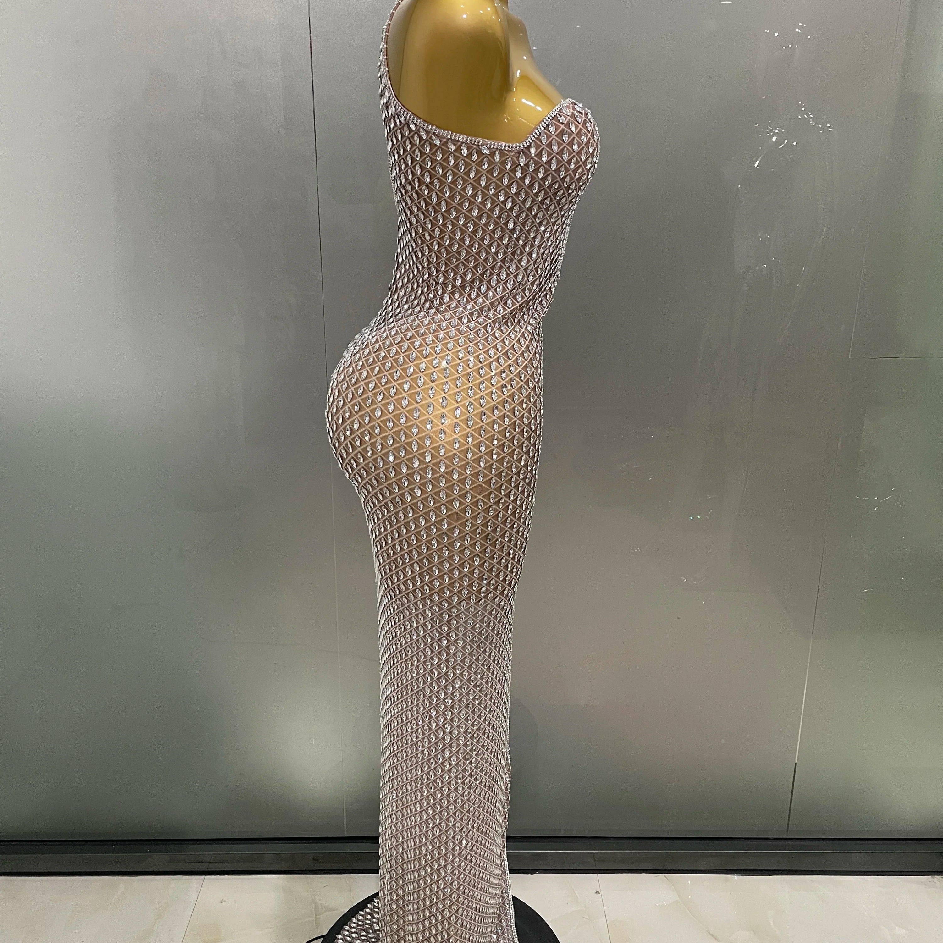 2025 Luxurious Full Rhinestones Mesh Transparent long dress Women Birthday Celebrate Evening Prom Dress party Club Stage Costume