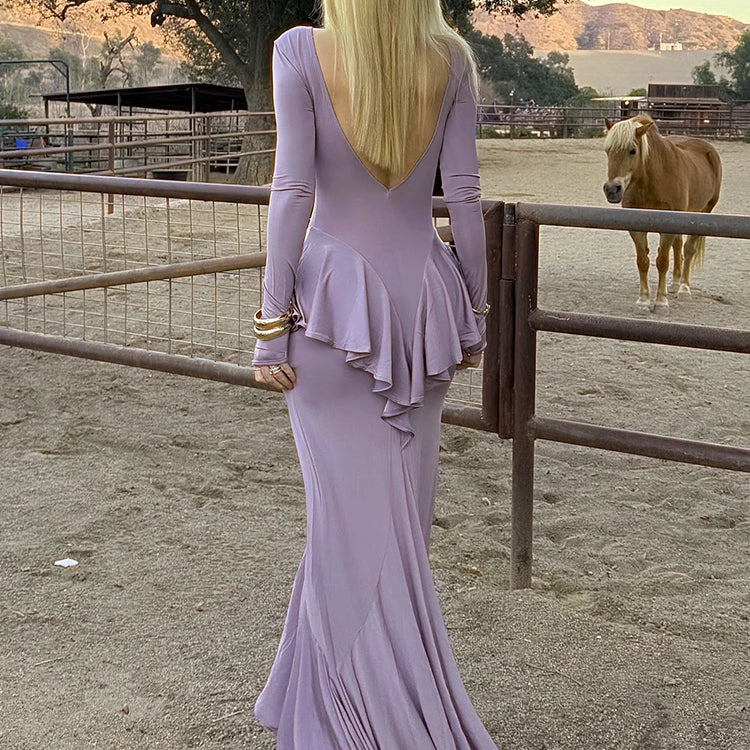 Backless Ruffled Sexy Maxi Dress For Women Gown Fashion O Neck Long Sleeve Thigh High Split Evening Long Dress Elegant