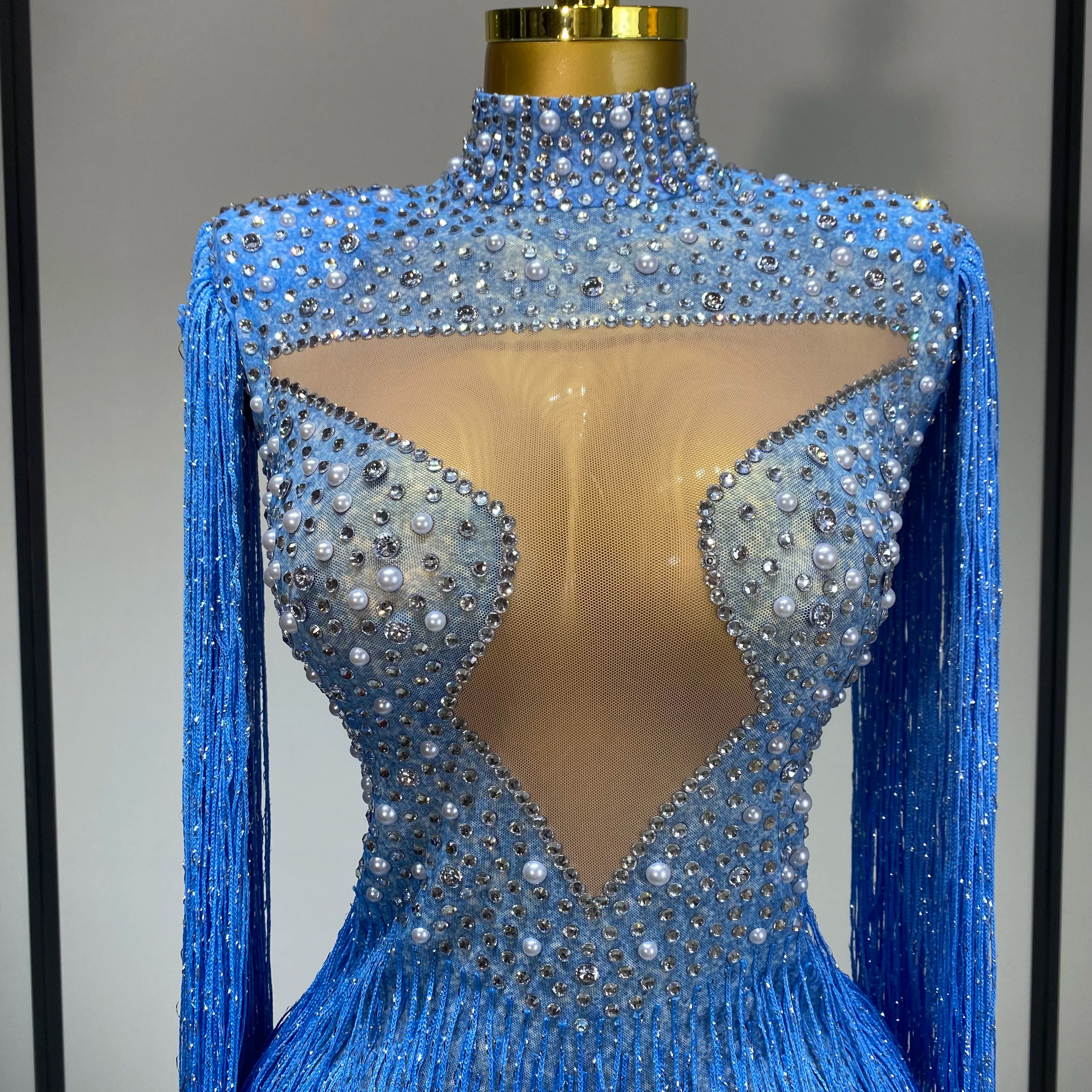 Sparkly Luxury Tassel Bodysuit High Street Strech Transparent Performance Dance Costume Nightclub Celebrate Stage Outfit