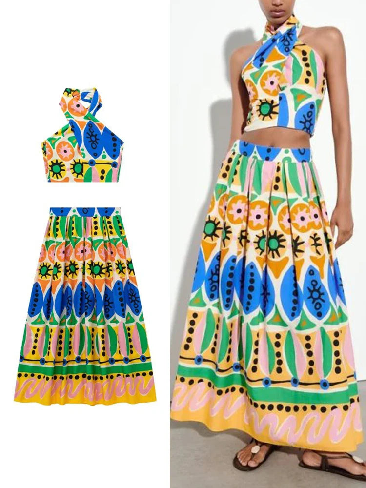 For Women Female Causal Halter Sleeveless Camisole Tops A-Line Mid-Calf Skirt TRAF Fashion Summer Print Skirt Sets