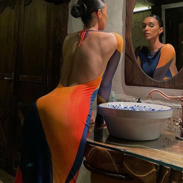 Sexy Backless Maxi Dress Fashion Print Long Sleeve Bodycon Party Dress Beach Outfits 2022 New Summer Evening Club Dress