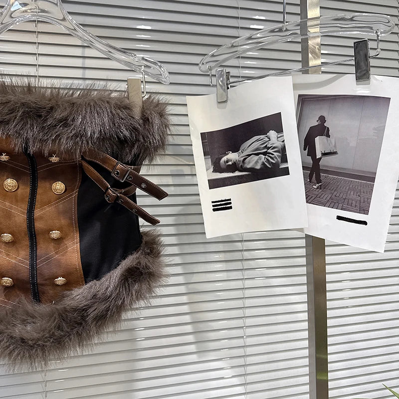 Winter New Fashion Furry Patchwork Suede Outerwear Camisole Vest For Women Backless Outwear Tank Top Female 11A07578