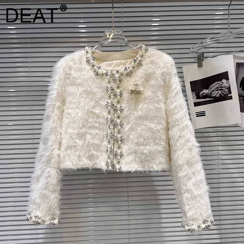 Winter New Fashion Rhinestone Pearl Edge Heavy Industry Cotton Lined Short Coat For Women Elegant Jacket 11A07832