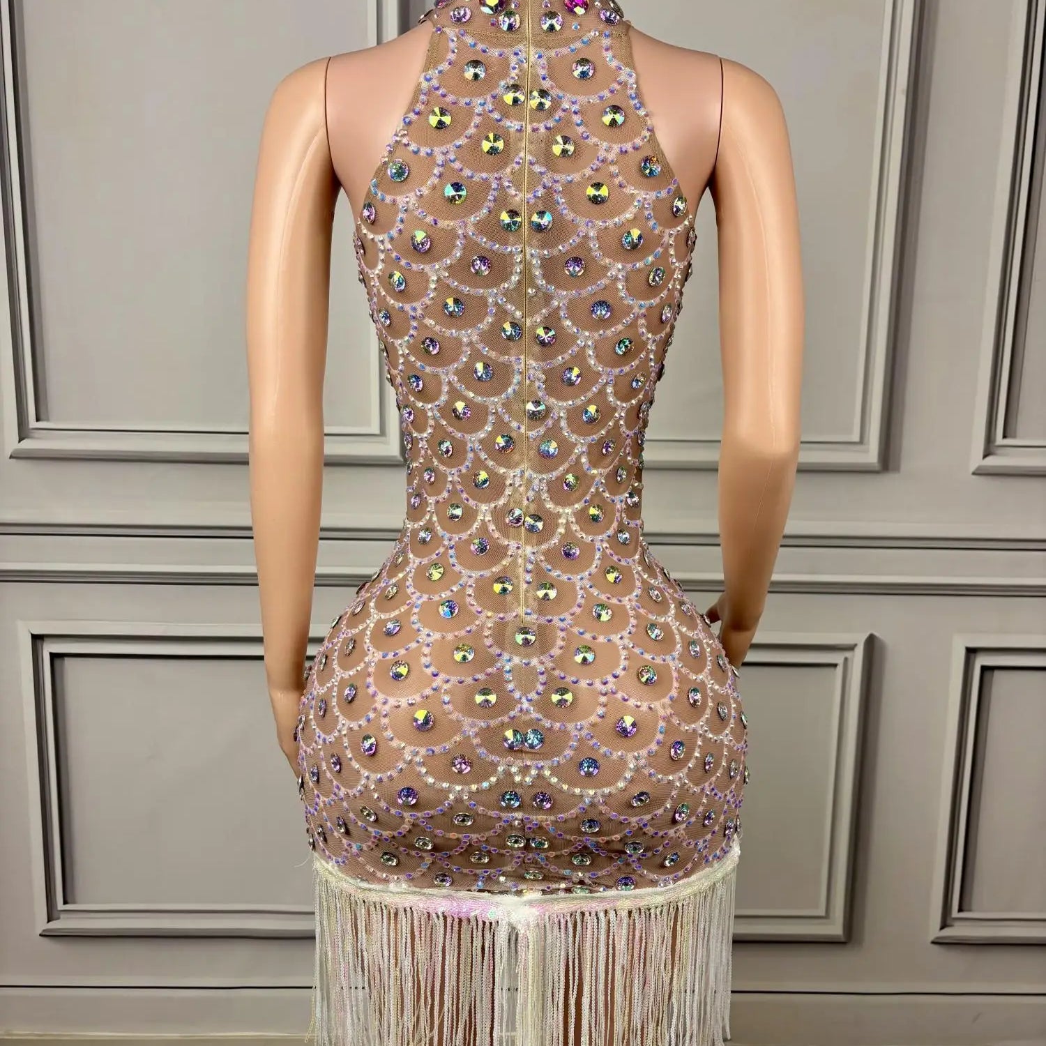 Elegant Women Luxury Sparkly Evening Dress Birthday Celebrate Party Dinners Outfit Tassel Crystals Sheer Mesh Prom Dress Langhua