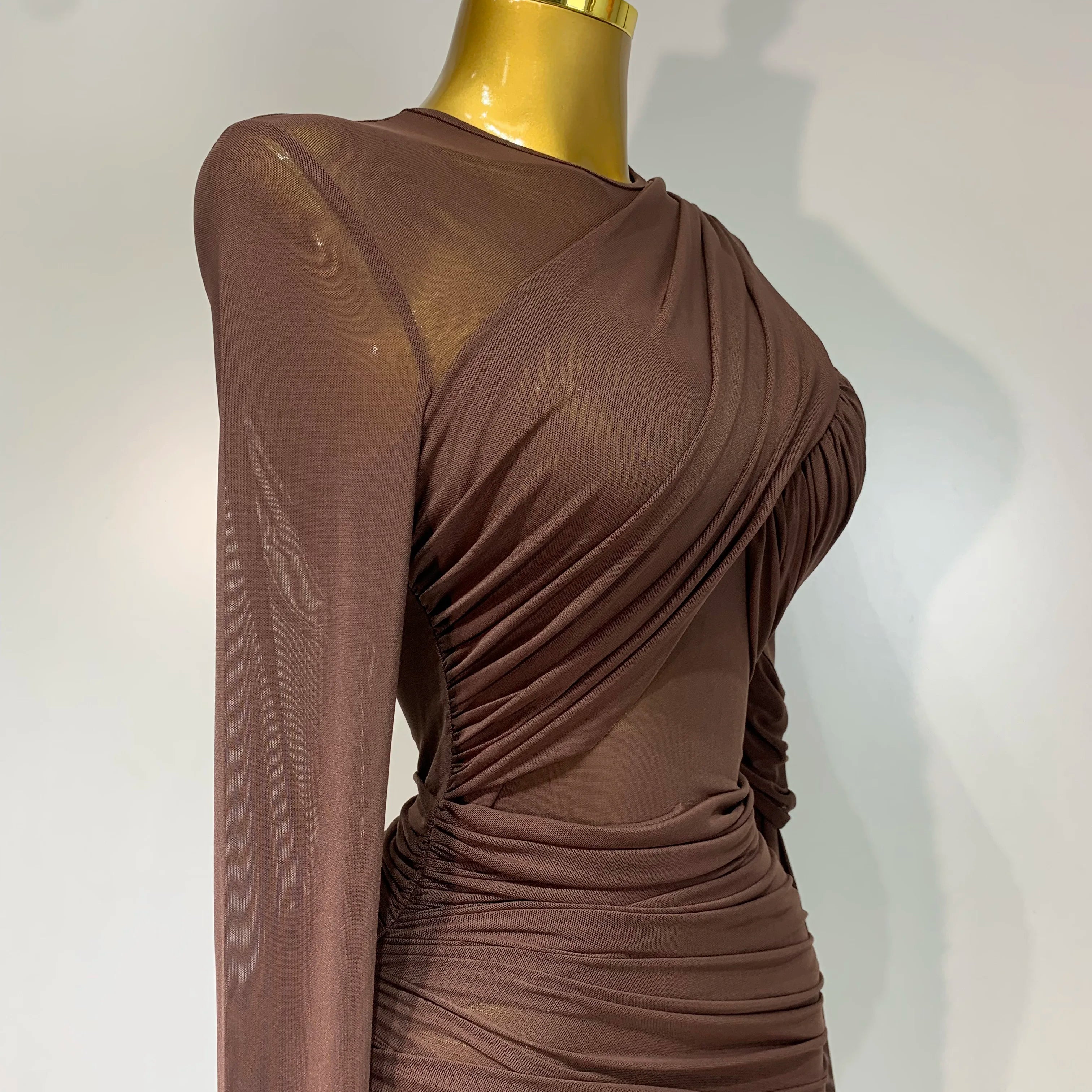 Elegant Brown Mesh Fold Long Sleeve Bodycon Dress Women 2025 Evening Party Club Sexy Perspective Fashion Luxury Birthday Dresses