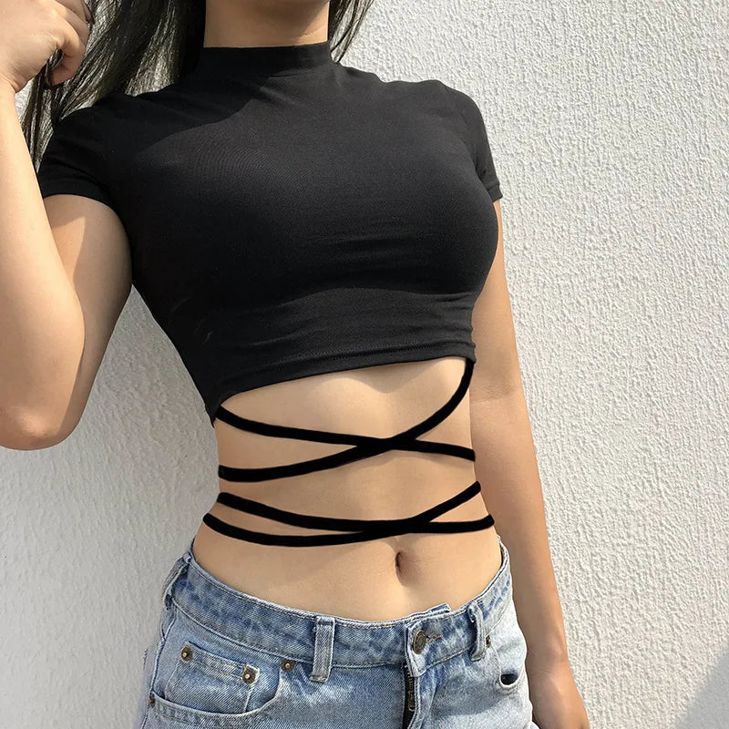 13 Colors Women Lace Up Cropped T-shirts Summer Lady O-Neck Short Sleeve Slim Bandage Tee Tops GXJCK-2180