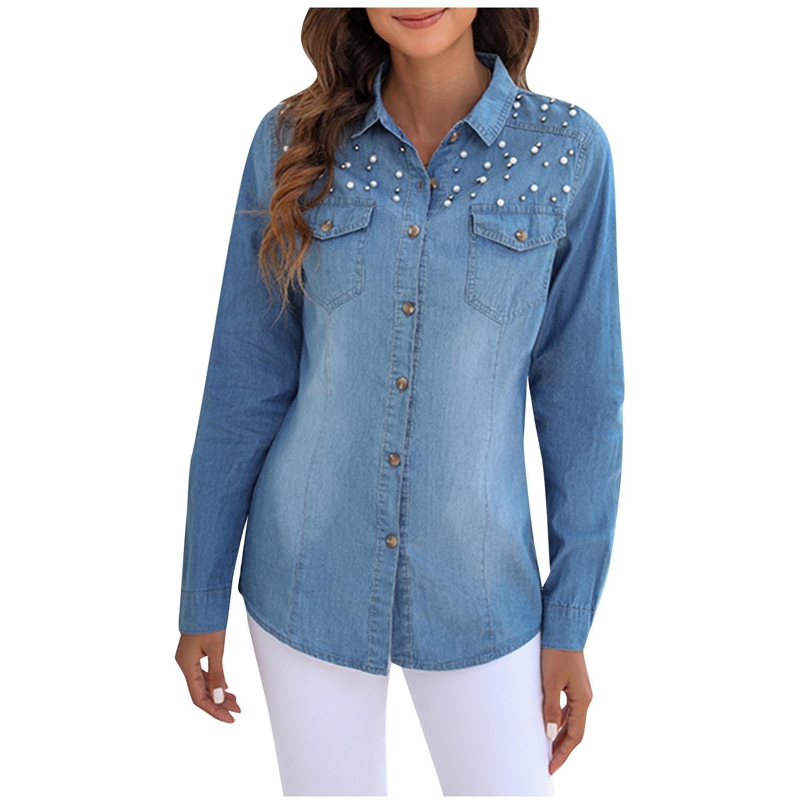 Stylish Women Long Sleeve Lapel Thin Denim Shirt Mid Length Jeans Tops Street Casual Coat