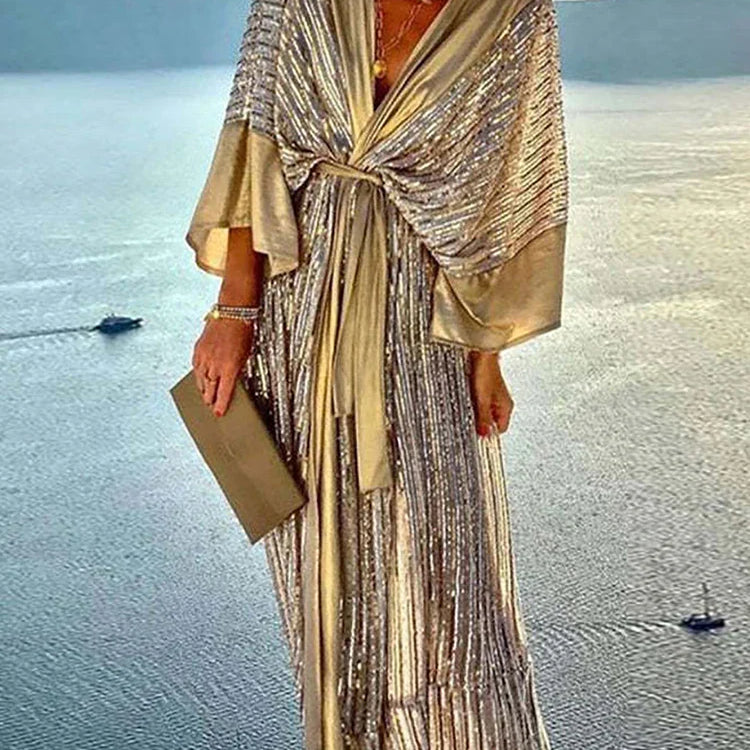 2022 Women Beach Style Three Quarter Batwing Sleeve Holiday Dress V-Neck Sequin Lace-Up Summer Patchwork Ladies Maxi Party Dress 01 Yellow