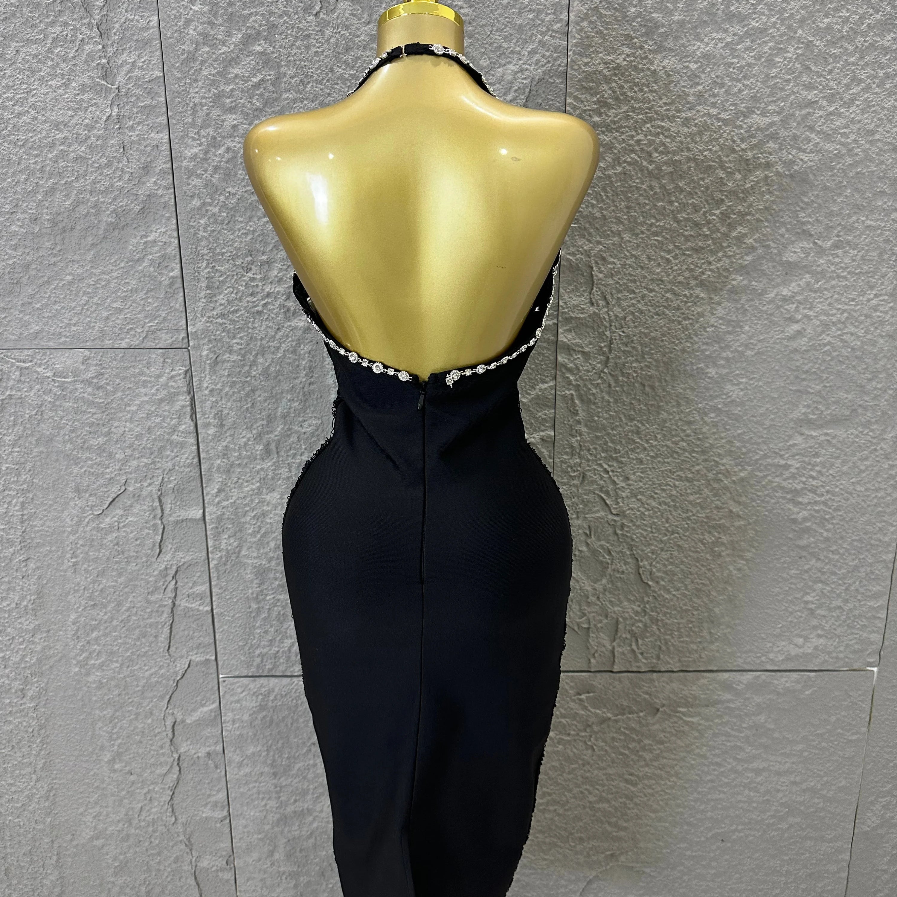 Elegant 2026 Black Halter Neck Midi Dress Women Sexy V-Neck Crystal Trim Ruched Form-Fitting Outfit Formal Event Party Costume