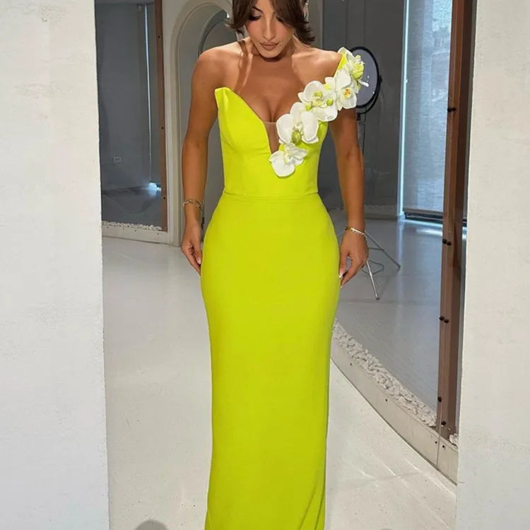 Women Celebrity Sexy One Shoulder Green Flower Maxi Long Bodycon Bandage Dress Elegant Evening Club Party Dress