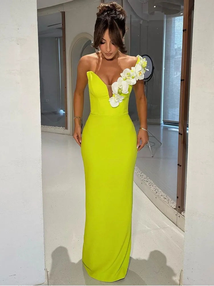 Women Celebrity Sexy One Shoulder Green Flower Maxi Long Bodycon Bandage Dress Elegant Evening Club Party Dress