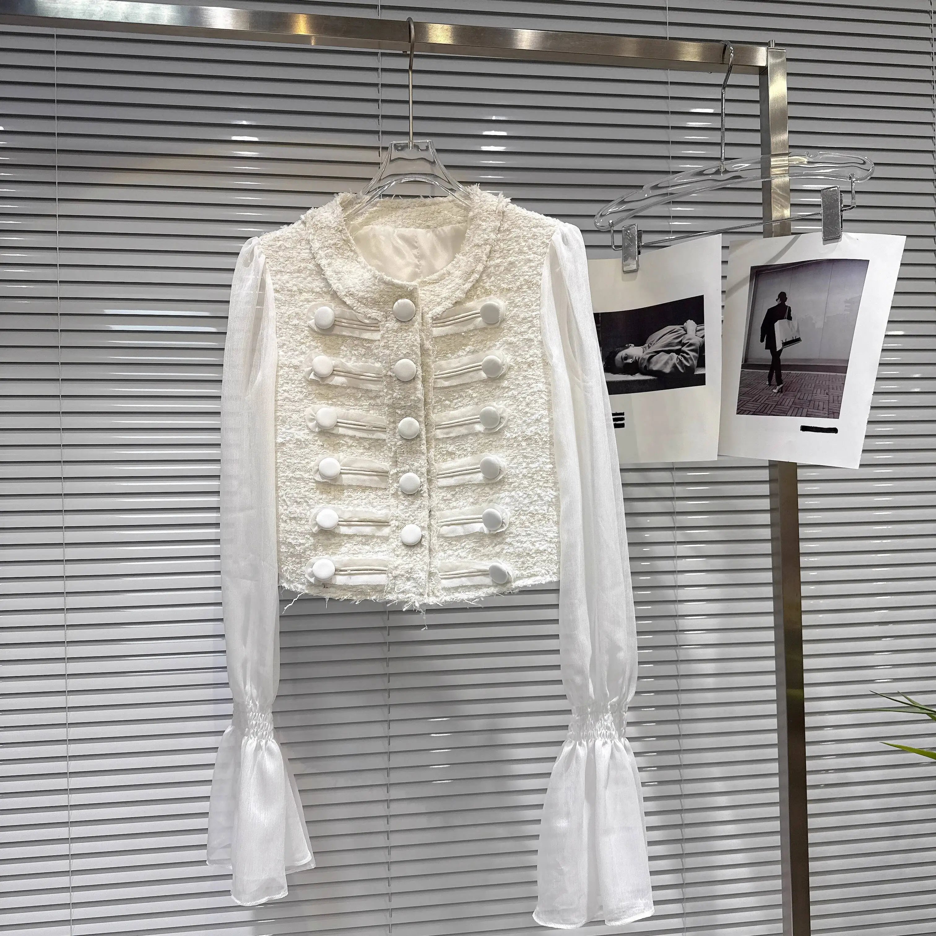 Autumn New Fashion Tweed Mesh Sleeve Short Jacket For Women High Elastic Waist Cake Skirt Female Trend 11A07728 only White Top