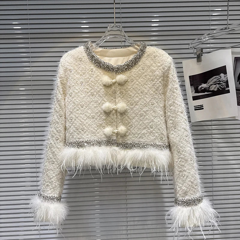 Winter New Fashion Heavy Embroidery Rhinestone Collar Ostrich Feather Cotton Coat For Women Short Jacket 11A07811 Milky White