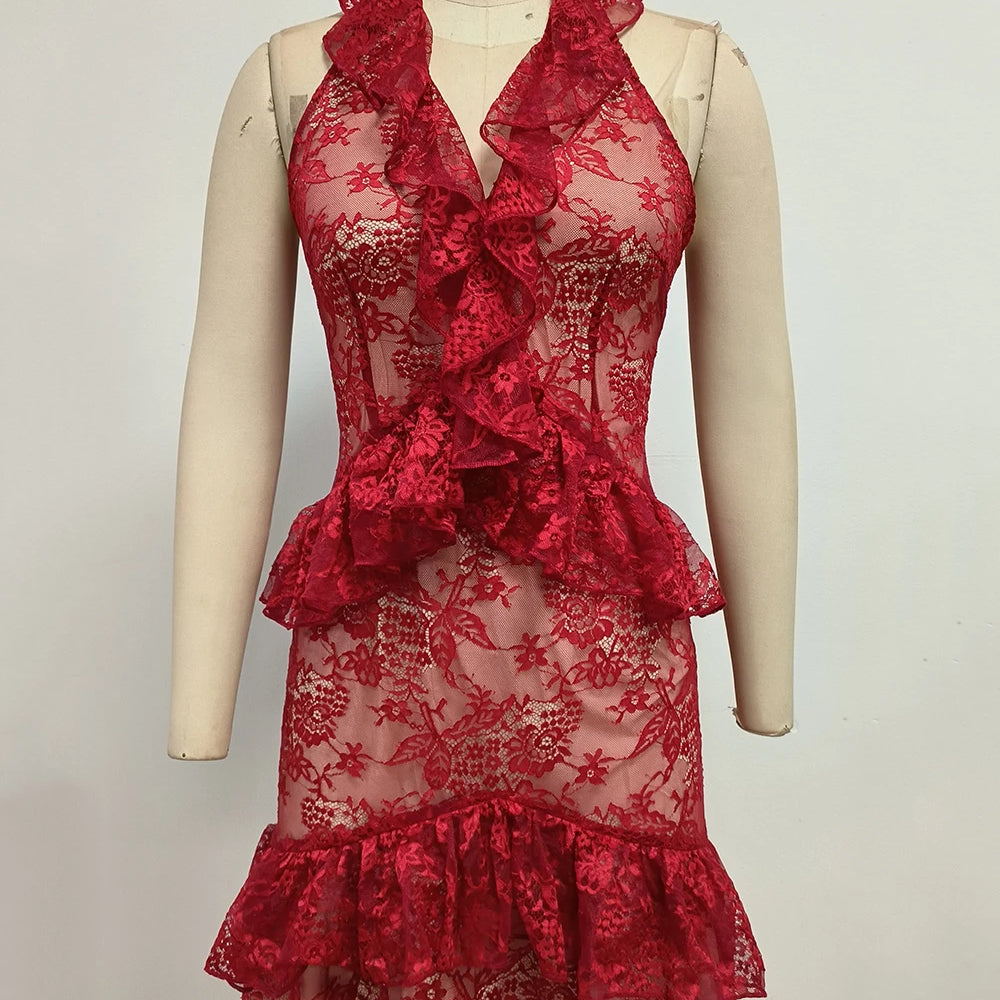 Sexy Lace Midi Halter Dress Women Red Ruffle Backless Sleeveless Party Dresses 2025 Summer Lady Vacation Robes New