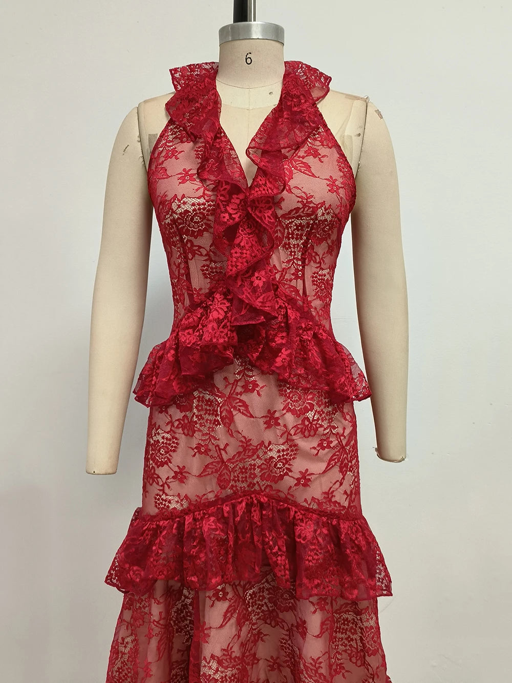 Sexy Lace Midi Halter Dress Women Red Ruffle Backless Sleeveless Party Dresses 2025 Summer Lady Vacation Robes New