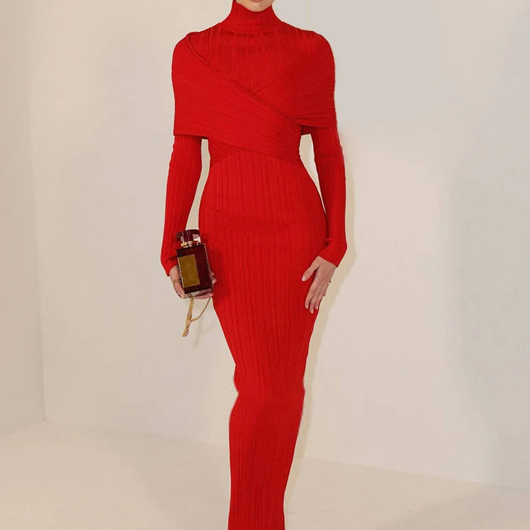 Red Jacquard Bandage Long Dress Turtle Neck Cross Design knitted Slim Fit Shawl Style Long Sleeves Pleated Evening Gown