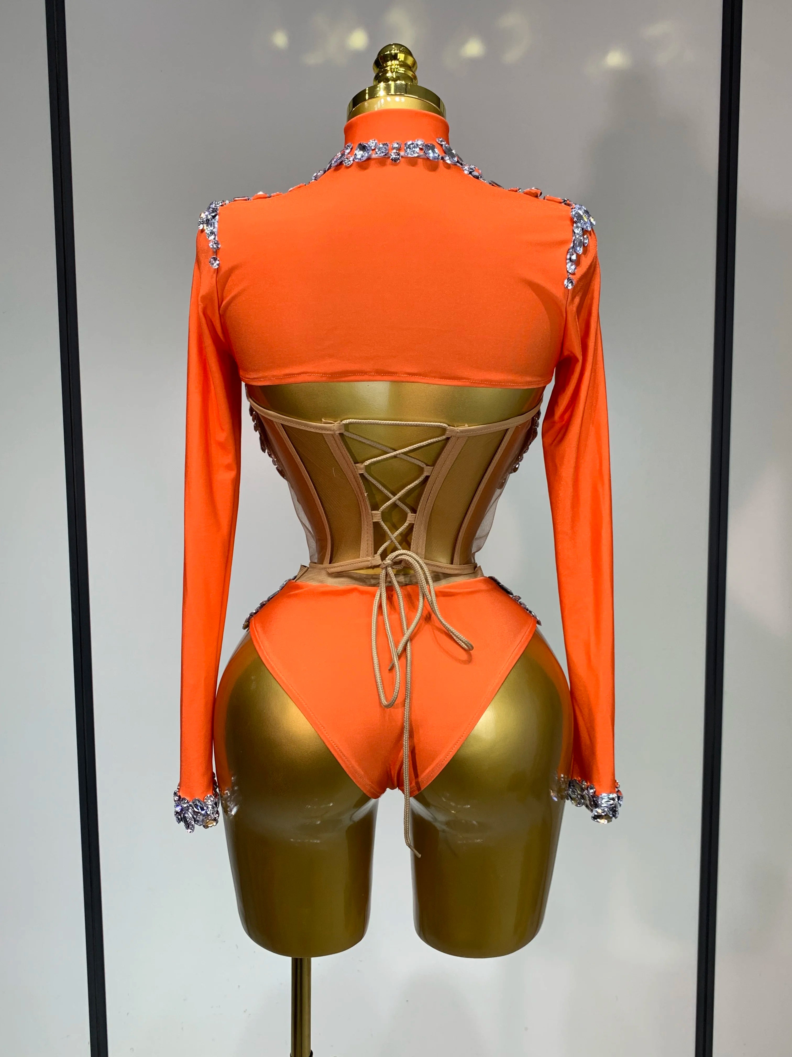 Sparkly Rhinestone Stage Outfit Women Long Sleeve Three Piece Set Dance Drag Queen Nightclub Evening Party Birthday Costume