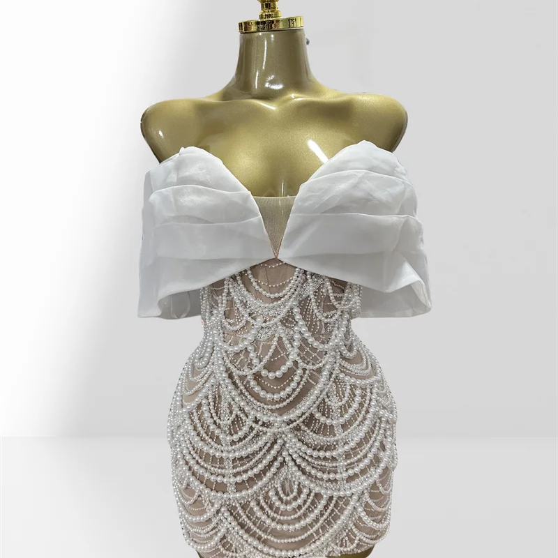 2025 Luxury Pearl Beading White Sequins Sexy Off The Shoulder White Mini Dress Woman Wedding Party Vestido Birthday Party Outfit