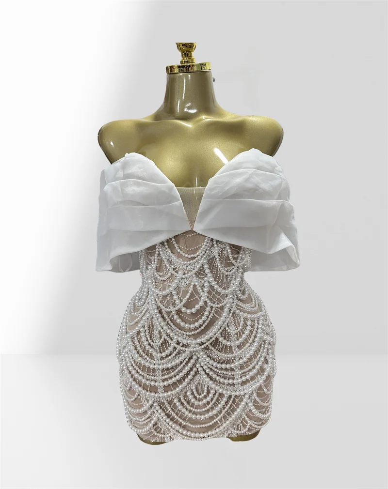 2025 Luxury Pearl Beading White Sequins Sexy Off The Shoulder White Mini Dress Woman Wedding Party Vestido Birthday Party Outfit