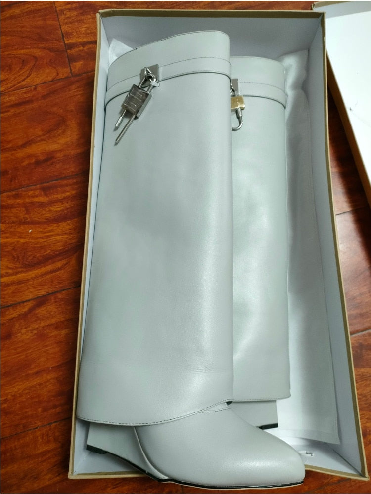 Women's Knee High Boots Shark Lock Long Thick Soled High-heeled Boots Designer Luxury Brand Women's Leather Boots Grey pu