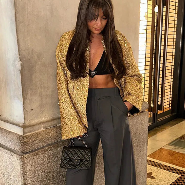 Sequin Women Coat Gold Long Sleeve Stand Collar Gold Female Jacket Autumn Winter Fashion Single Breasted Party Lady Outwear