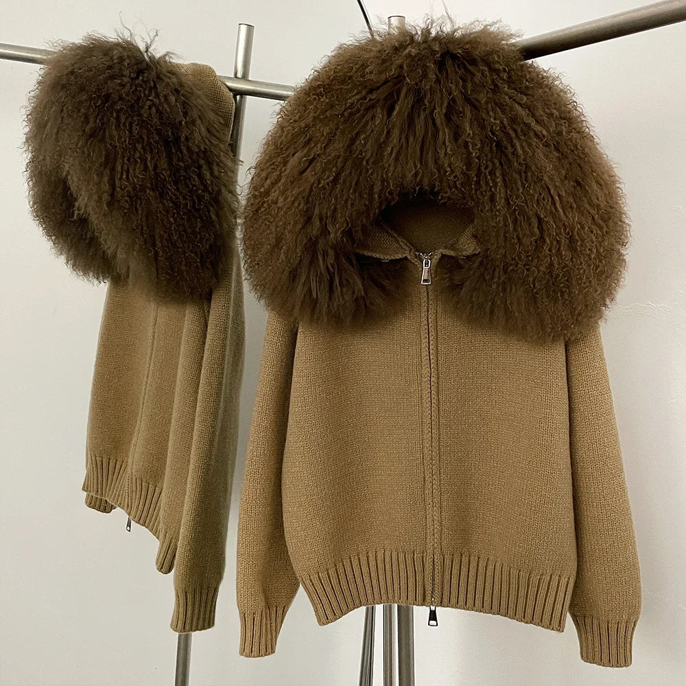 Coat Women Cardigan Natural Fox Fur Coat Women Real Mongolian Fur Knitwear Female Spring Autumn Hooded Knitted Fur Jacket Khaki sheep One Size