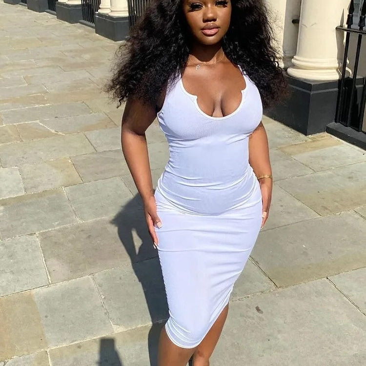 Sifreyr Ribbed V Neck Tank Long Dress Women Solid Sleeveless Bodycon Maxi Dress Sexy Streetwear Party Club Outfits Slim Sundress