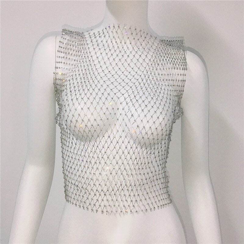 Women's Fishnet Rhinestone Crop Top 2024 Summer Sexy Mesh High Elastic Black White Shirt Net See Through Rave Diamond Tank Top Sliver