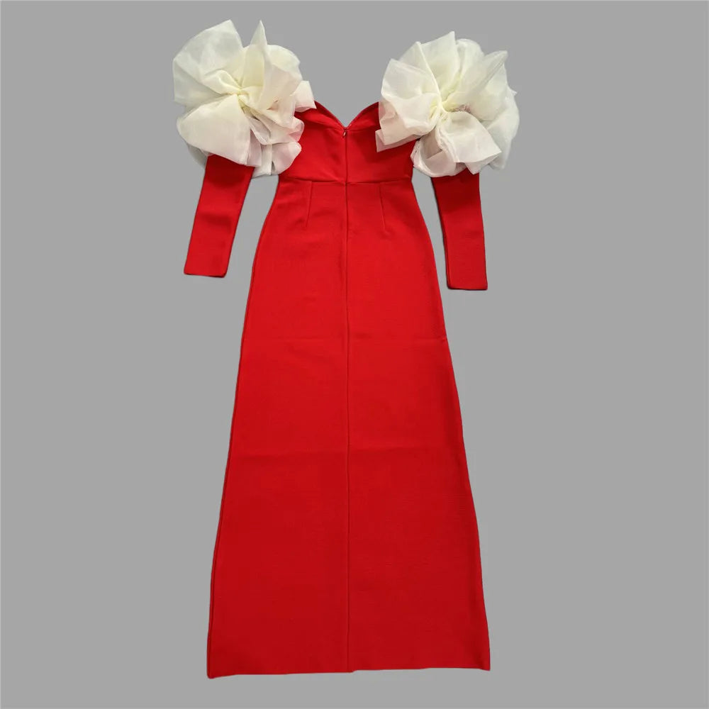 Black Red Color Women Sexy Off the Shoulder Long Sleeve Florals Bodycon Long Bandage Dress Celebrate Evening Party Outfit Red