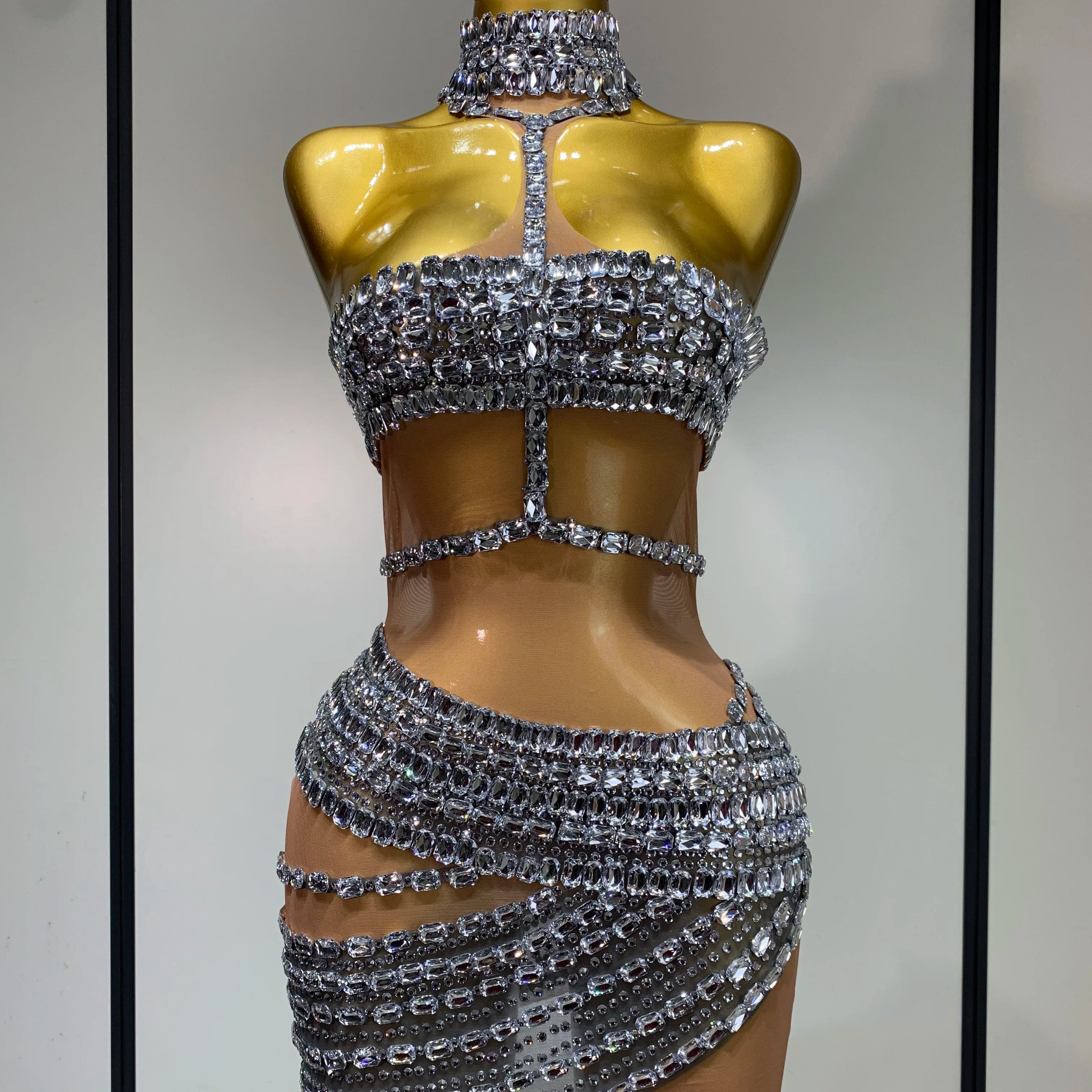 Sparkly Red Rhinestone Mini Dress Womer Sexy Mesh Birthday Wedding Party Prom Gowns Drag Queen Costume Singer Stage Outfit Silver