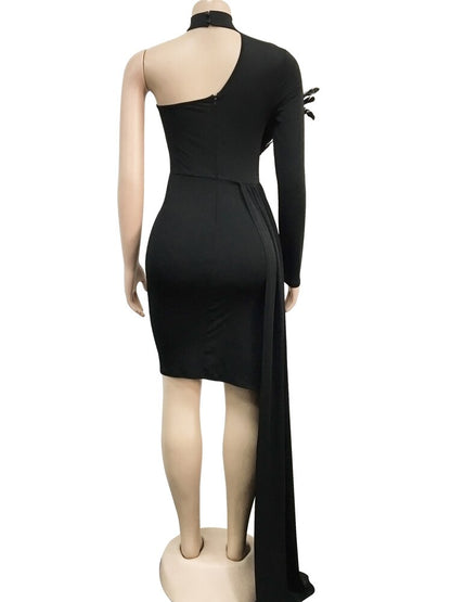 Sexy Solid Feather Details Skinny Mini Dress Spring Women Halter One Shoulder Irregular Bodycon Clubwear Cloak Dress