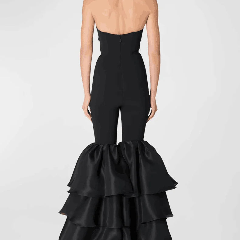 Stylish Flare Pants Strapless Black Bandage Jumpsuit Woman Fashion Party Outfit Nightclub Performance Costume