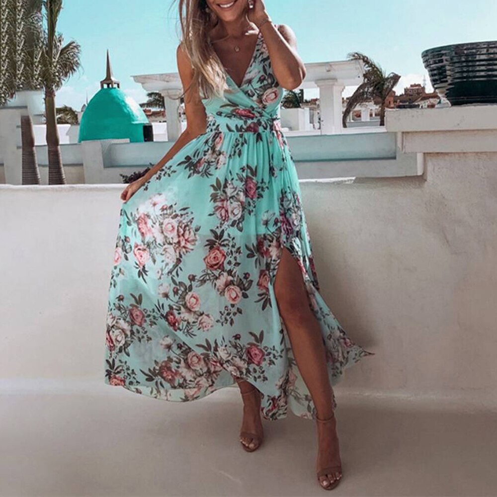 Spring Sexy Boho Beach Floral Long Maxi Dress Ladies V Neck Sleeveless Sundress Blue