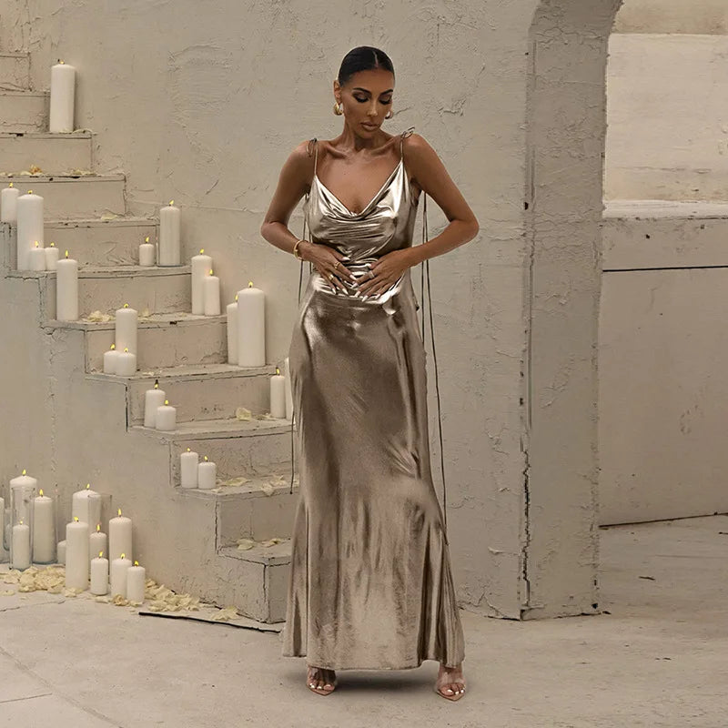 GACVGA Spring Summer Sexy Bandage Maxi Dresses Streetweaar Women Silver Shiny Pleated Bodycon Backless Party Long Dresses Gold-2