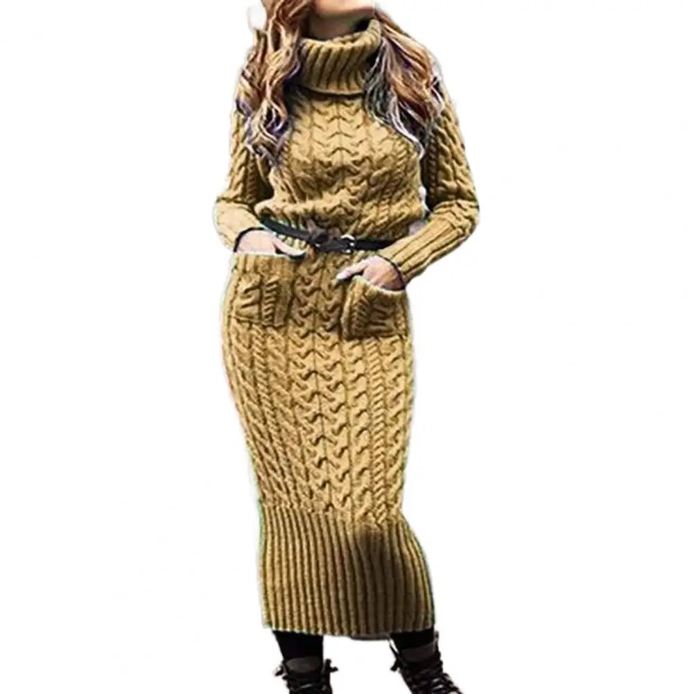 Korean Style Twist Knitted Long Dress Autumn Turtleneck Back Split Pockets Twisted Knit Casual Long Sweater Dress Khaki