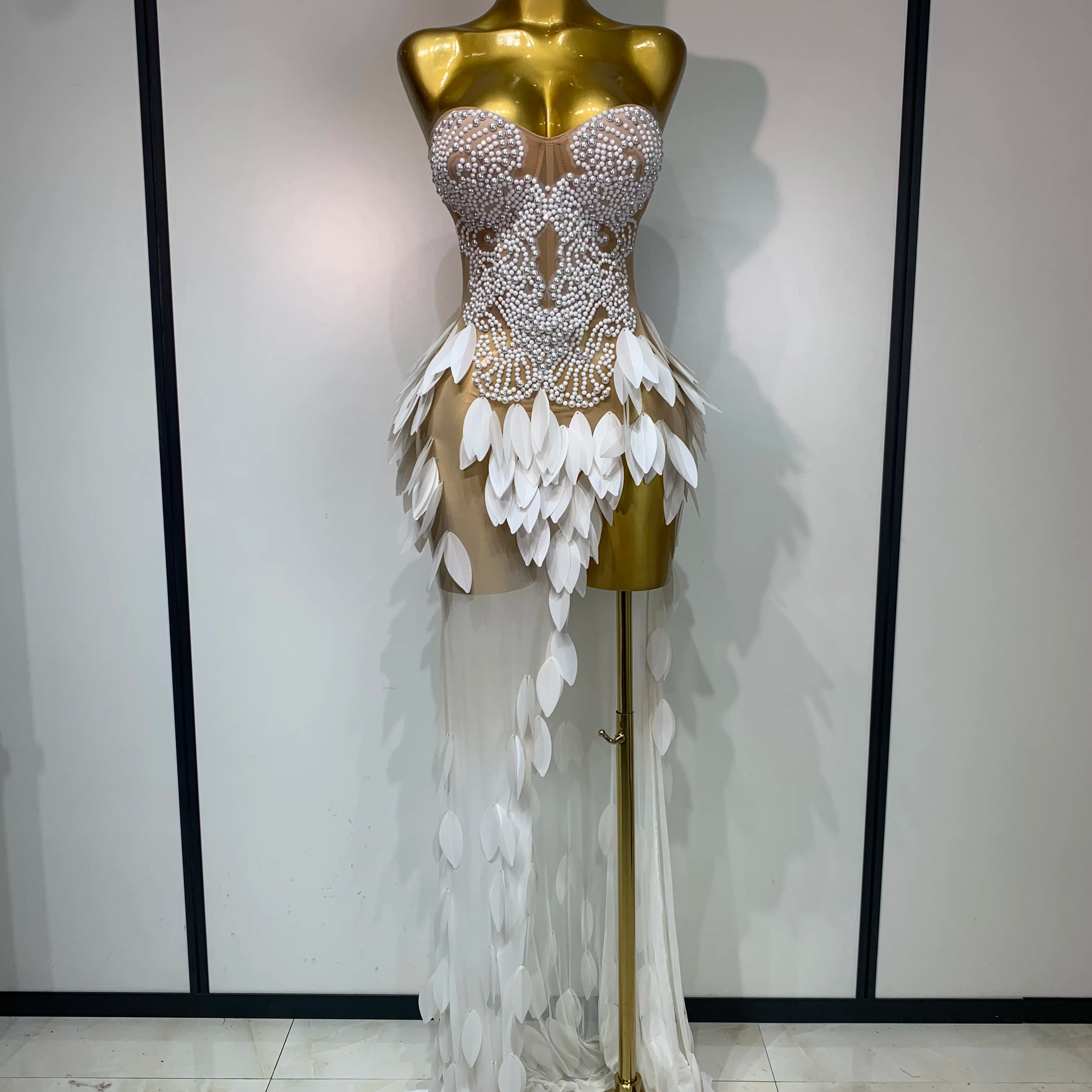 Elegant Pearl Dress Sexy Transparent Mesh Maxi Long Dresses Women Evening Party Wedding Gown Red Carpet Celebrity Stage Outfit