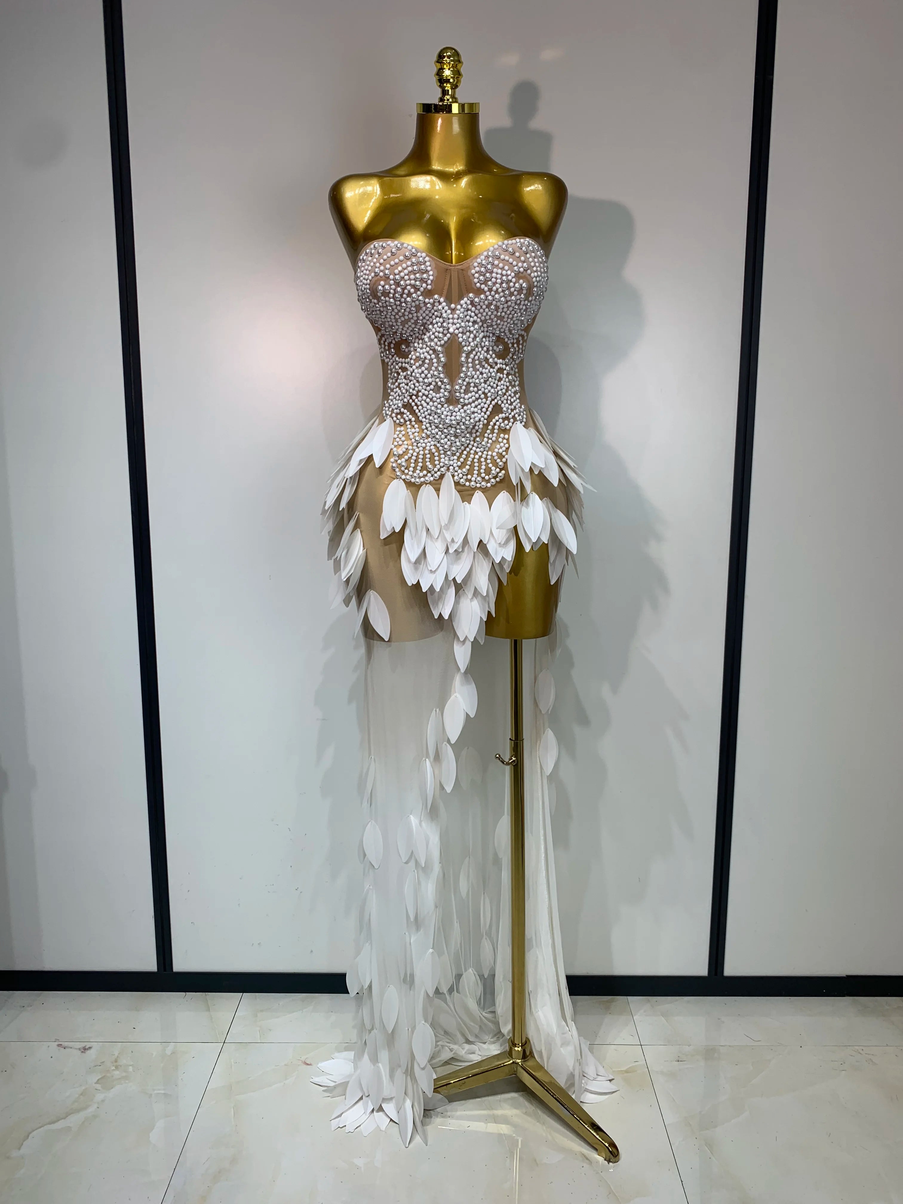 Elegant Pearl Dress Sexy Transparent Mesh Maxi Long Dresses Women Evening Party Wedding Gown Red Carpet Celebrity Stage Outfit