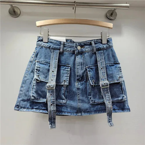 Retro Pink Large Pocket Denim Suit Spring Summer Sleeveless Short Vest High Waist Hip Wrapped Skirt 2 Pieces Sets Women Outfits Blue skirt