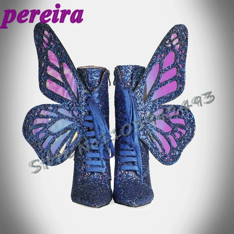 Colorful Butterfly-Wings Boots Laser Pointed Toe Botas Mid-Calf Shoes Side Zippers Zapatos De Mujer Lace Up Thin High Heel Shoe blue