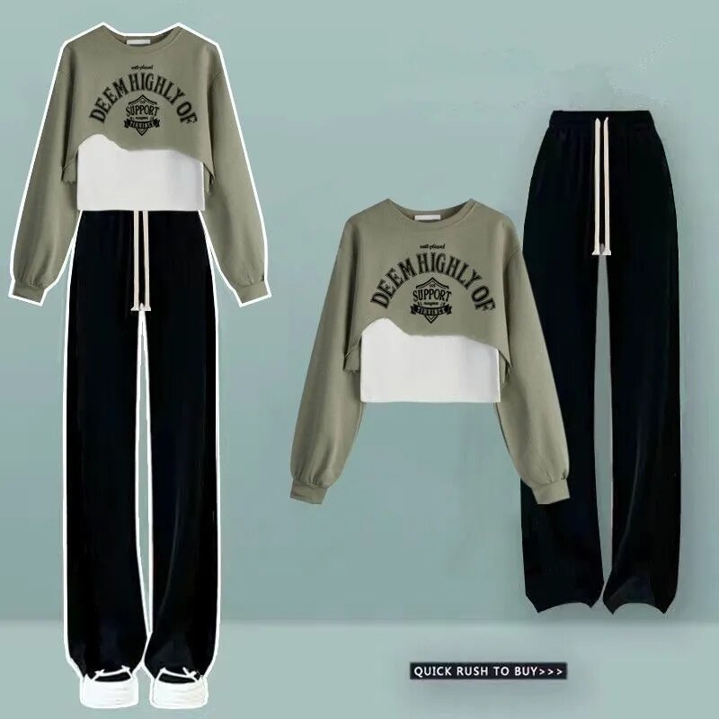 Women Spring Autumn Sweatshirt Wide Leg Pants Vest 3 Piece Set 2024 Lady Casual Letter T Shirts Trousers Outfits Green Top Suit A Green Set
