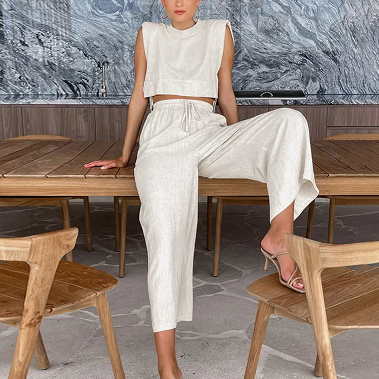 Casual Linen Lace Up Hollow Out Top Pants Sets Women O-neck Sleeveless Crop Tank Drawstring Trouser Suits Female Beach Outfits