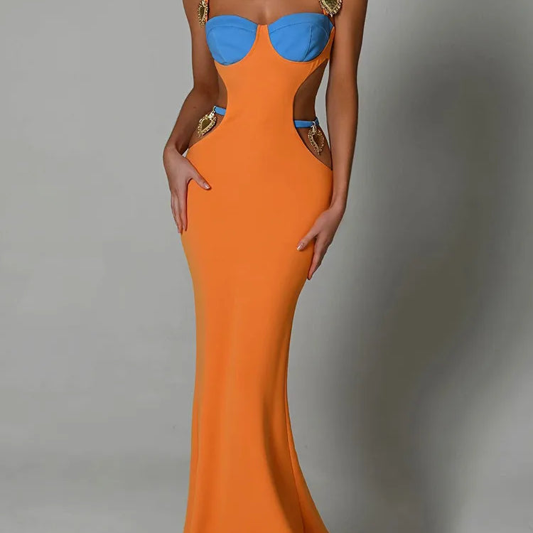 Articat Metal Shell Spaghetti Strap Women Dress Orange Patchwork Hollow Out Maxi Dress Female Skinny Elegant Party Clubwear 2022