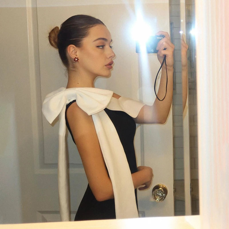 Women Sexy Slash Neck Off the Shoulder Big Bow Bodycon Midi Bandage Dress Elegant Evening Party Celebrate Dress