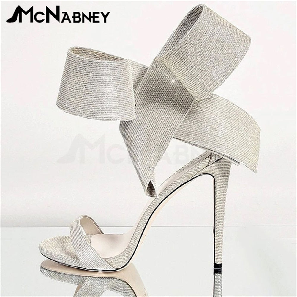 Satin Butterfly Knot High Heels Stiletto Pointed Toe Sandals Luxury Style Shoes Fashion High Heels Shiny Rhinestone Sandals Bling Bling