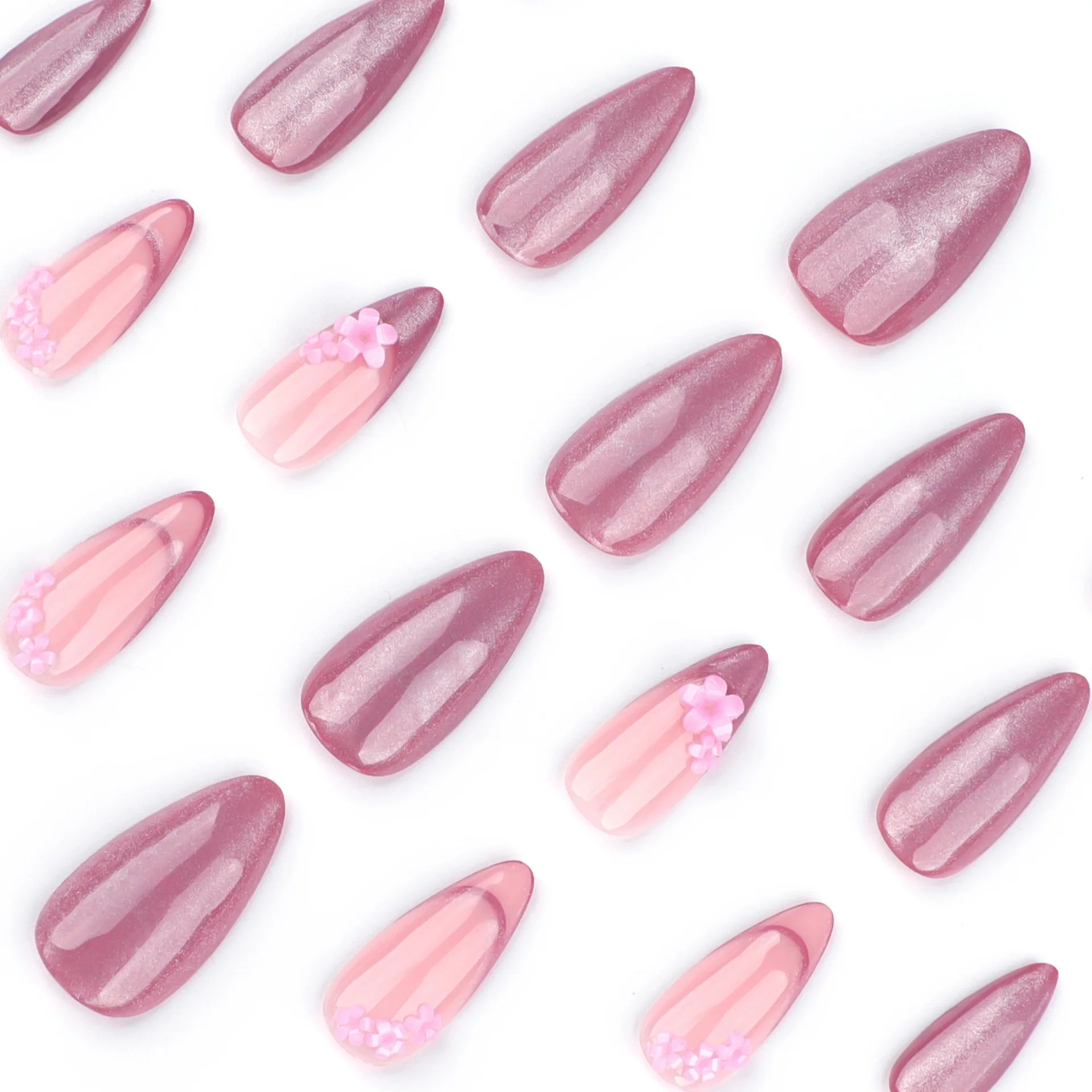 24pcs Nude Pink Cat Eye Press on Nails Shiny French Almond False Nail Tips Wearable Reusable Sweet Flower Decor Fake Nails