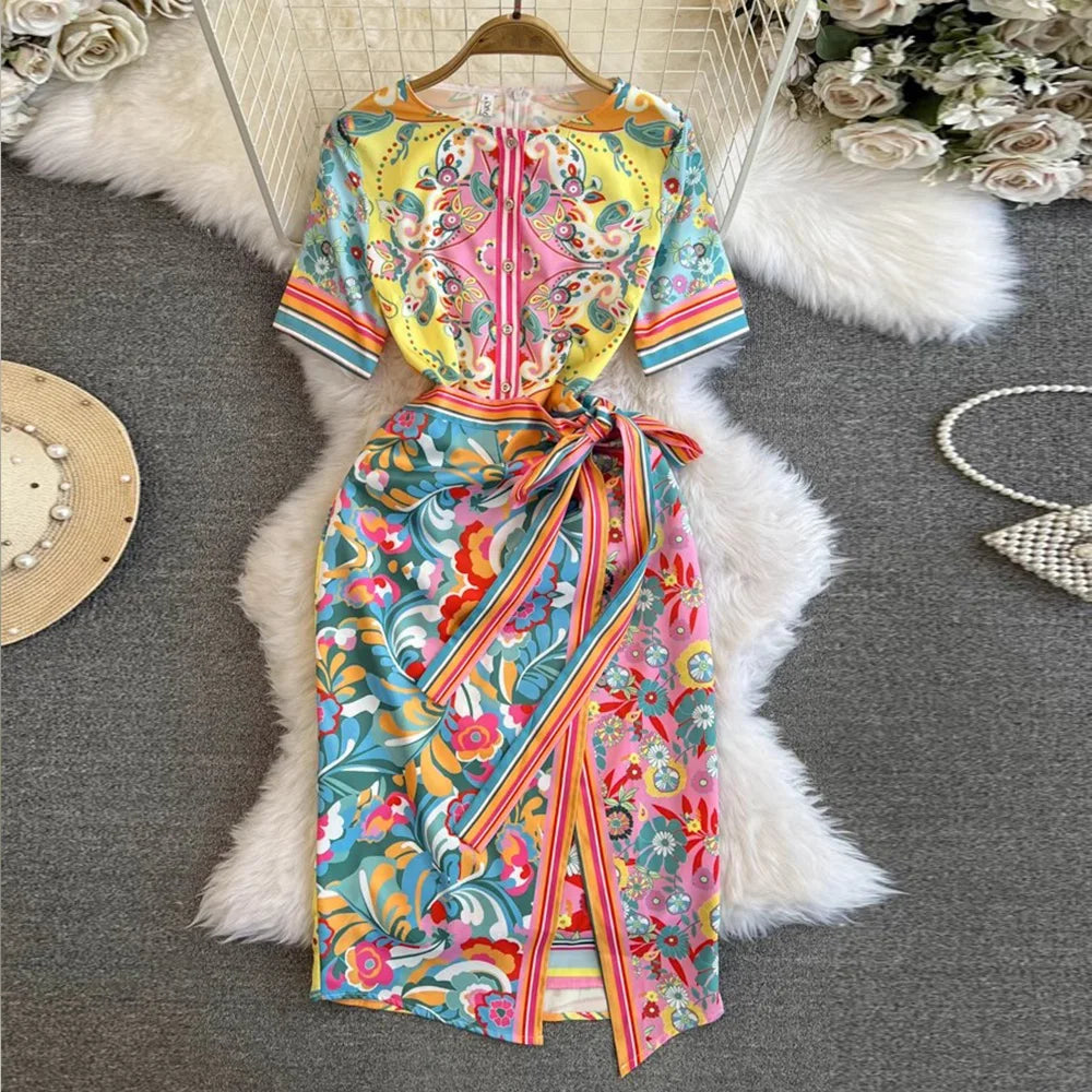 Summer Fashion Designer Dress Women's O-Neck Short Sleeve Floral Print Stripe Vintage Belt Lace Up Irregular Midi Vestidos Mixed Color